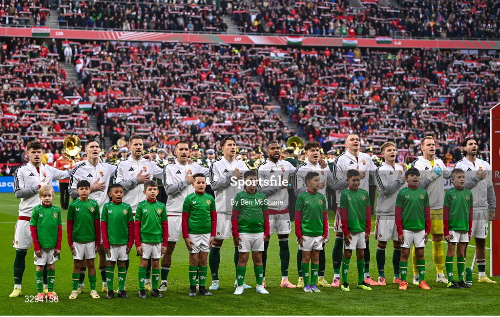 16 November 2025; The Hungary team before the FIFA World Cup 2026 Group F Qualifier match between Hungary and Republic of Ireland at Puskás Aréna in Budapest, Hungary. Photo by Ben McShane/Sportsfile