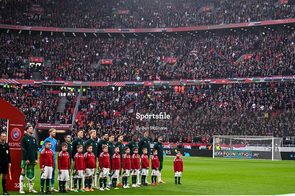 16 November 2025; The Republic of Ireland team before the FIFA World Cup 2026 Group F Qualifier match between Hungary and Republic of Ireland at Puskás Aréna in Budapest, Hungary. Photo by Ben McShane/Sportsfile