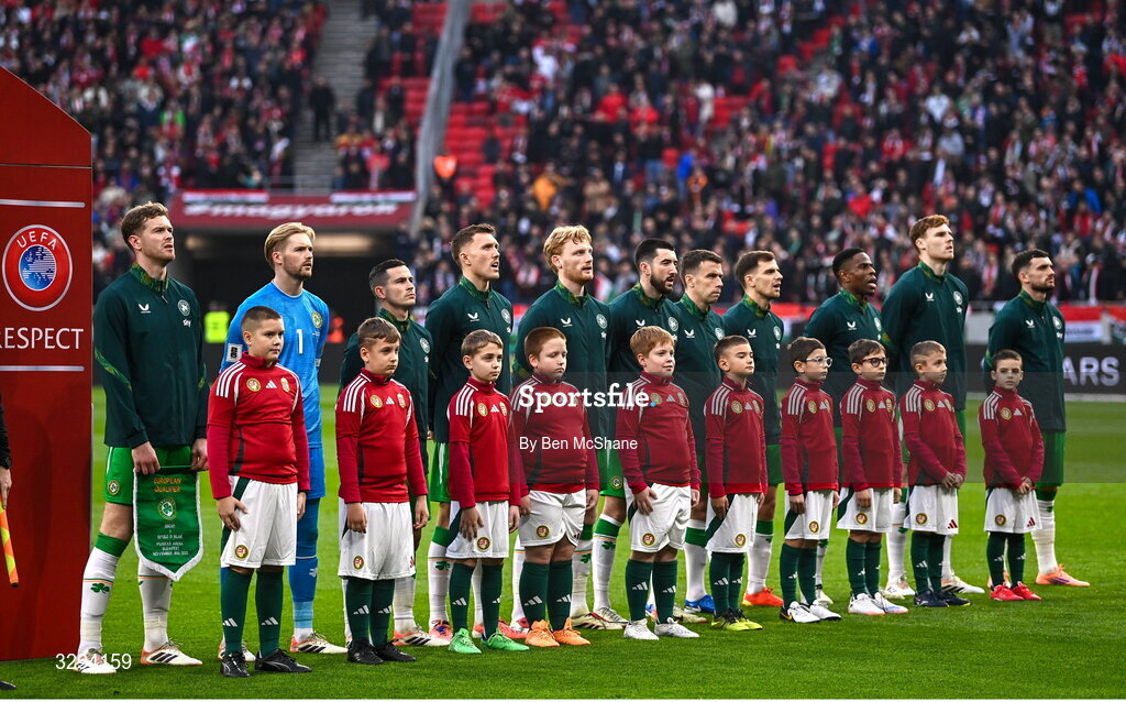 16 November 2025; The Republic of Ireland team before the FIFA World Cup 2026 Group F Qualifier match between Hungary and Republic of Ireland at Puskás Aréna in Budapest, Hungary. Photo by Ben McShane/Sportsfile
