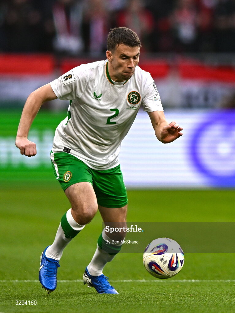 16 November 2025; Seamus Coleman of Republic of Ireland during the FIFA World Cup 2026 Group F Qualifier match between Hungary and Republic of Ireland at Puskás Aréna in Budapest, Hungary. Photo by Ben McShane/Sportsfile