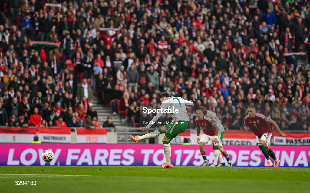16 November 2025; Troy Parrott of Republic of Ireland scores his side's first goal, a penalty, during the FIFA World Cup 2026 Group F Qualifier match between Hungary and Republic of Ireland at Puskás Aréna in Budapest, Hungary. Photo by Stephen McCarthy/Sportsfile