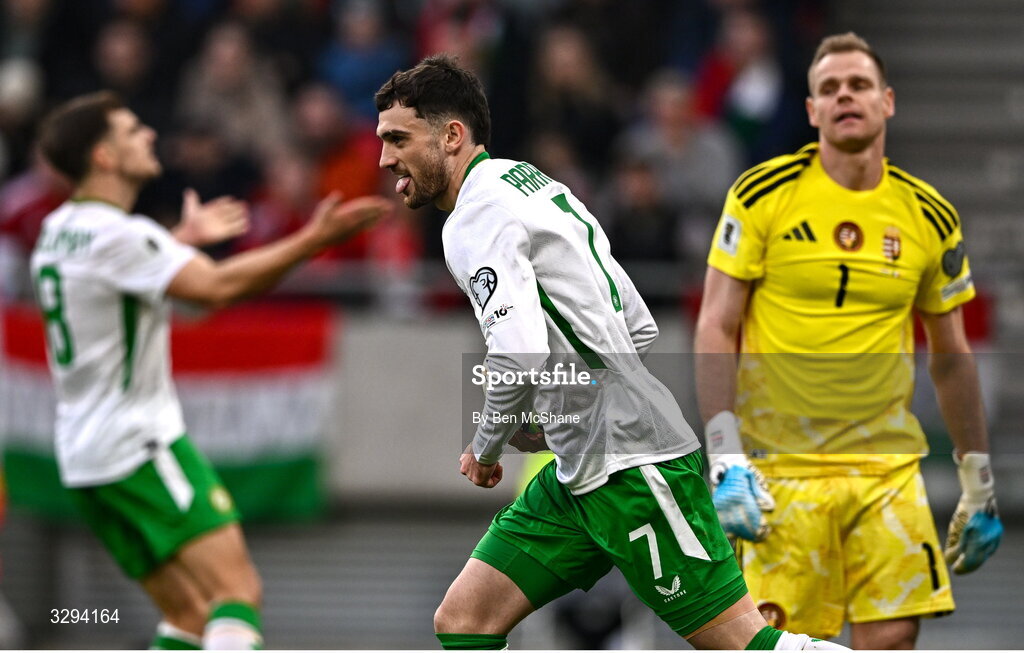 16 November 2025; Troy Parrott of Republic of Ireland celebrates after scoring his side's first goal during the FIFA World Cup 2026 Group F Qualifier match between Hungary and Republic of Ireland at Puskás Aréna in Budapest, Hungary. Photo by Ben McShane/Sportsfile