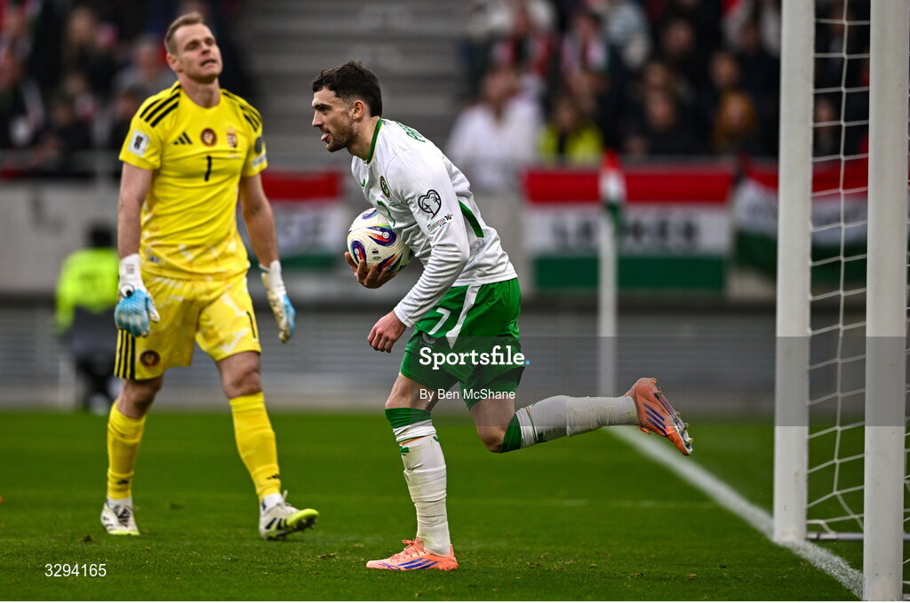 16 November 2025; Troy Parrott of Republic of Ireland celebrates after scoring his side's first goal during the FIFA World Cup 2026 Group F Qualifier match between Hungary and Republic of Ireland at Puskás Aréna in Budapest, Hungary. Photo by Ben McShane/Sportsfile