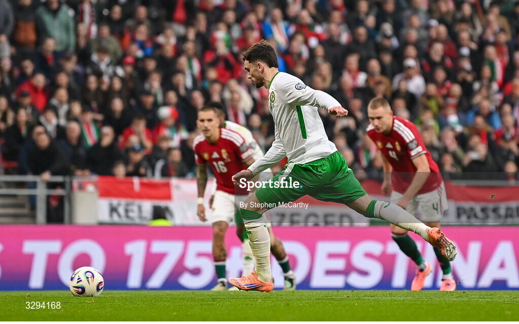 16 November 2025; Troy Parrott of Republic of Ireland shoots to score his side's first goal, a penalty, during the FIFA World Cup 2026 Group F Qualifier match between Hungary and Republic of Ireland at Puskás Aréna in Budapest, Hungary. Photo by Stephen McCarthy/Sportsfile