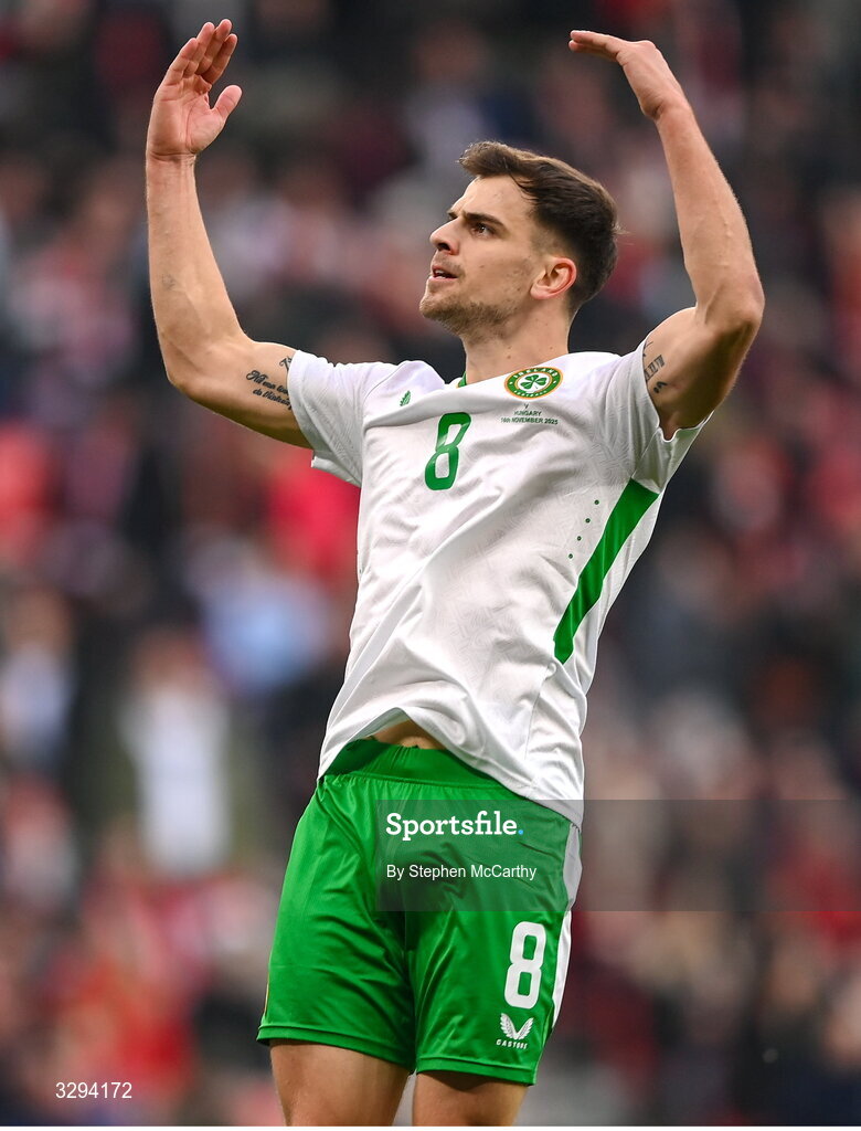 16 November 2025; Jayson Molumby of Republic of Ireland celebrates his side's first goal, scored by Troy Parrott, during the FIFA World Cup 2026 Group F Qualifier match between Hungary and Republic of Ireland at Puskás Aréna in Budapest, Hungary. Photo by Stephen McCarthy/Sportsfile