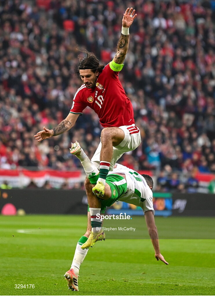 16 November 2025; Dominik Szoboszlai of Hungary and Josh Cullen of Republic of Ireland during the FIFA World Cup 2026 Group F Qualifier match between Hungary and Republic of Ireland at Puskás Aréna in Budapest, Hungary. Photo by Stephen McCarthy/Sportsfile