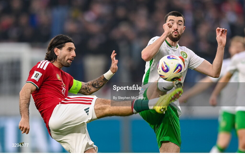 16 November 2025; Dominik Szoboszlai of Hungary in action against Finn Azaz of Republic of Ireland during the FIFA World Cup 2026 Group F Qualifier match between Hungary and Republic of Ireland at Puskás Aréna in Budapest, Hungary. Photo by Stephen McCarthy/Sportsfile