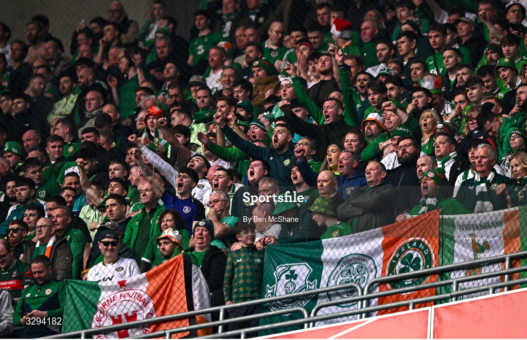 16 November 2025; Republic of Ireland supporters celebrate their side's first goal, scored by Troy Parrott, during the FIFA World Cup 2026 Group F Qualifier match between Hungary and Republic of Ireland at Puskás Aréna in Budapest, Hungary. Photo by Ben McShane/Sportsfile
