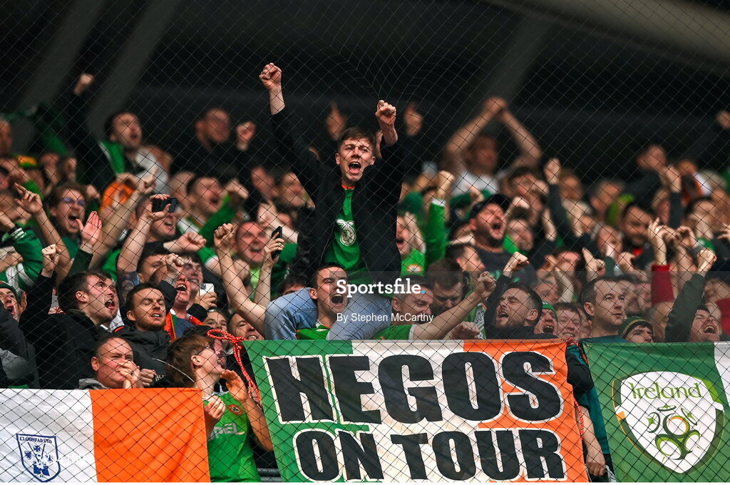 16 November 2025; Republic of Ireland supporters during the FIFA World Cup 2026 Group F Qualifier match between Hungary and Republic of Ireland at Puskás Aréna in Budapest, Hungary. Photo by Stephen McCarthy/Sportsfile