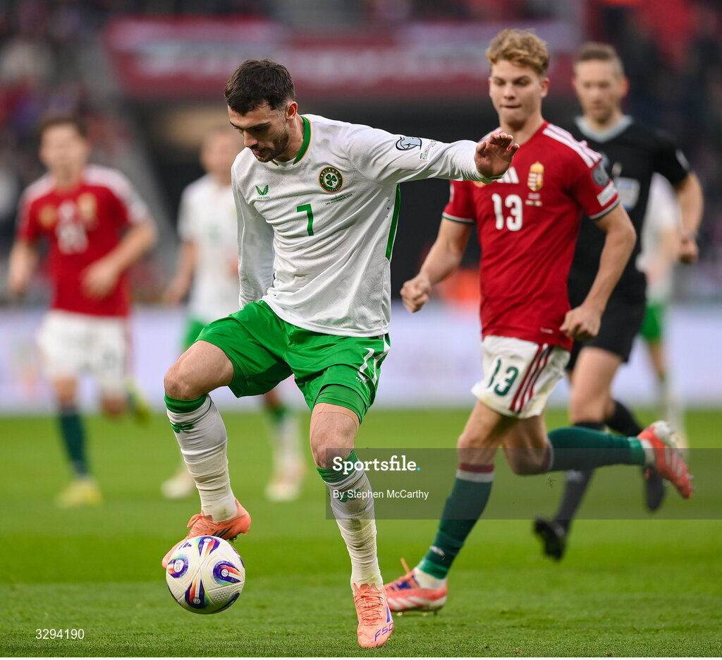 16 November 2025; Troy Parrott of Republic of Ireland during the FIFA World Cup 2026 Group F Qualifier match between Hungary and Republic of Ireland at Puskás Aréna in Budapest, Hungary. Photo by Stephen McCarthy/Sportsfile