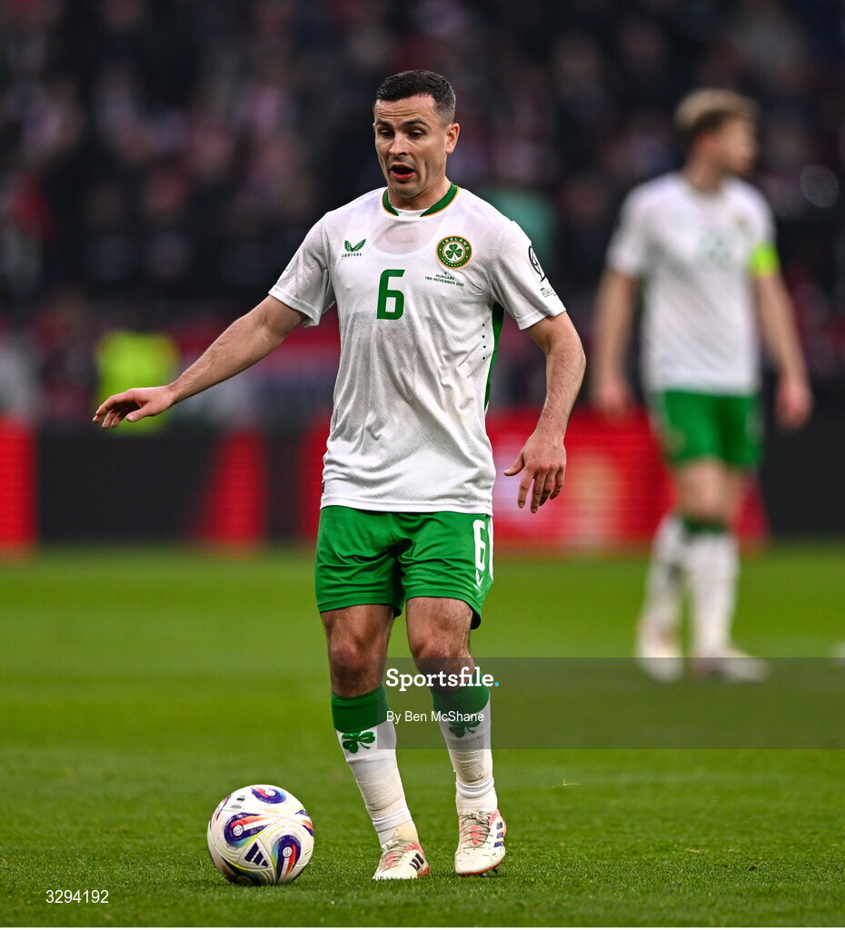 16 November 2025; Josh Cullen of Republic of Ireland during the FIFA World Cup 2026 Group F Qualifier match between Hungary and Republic of Ireland at Puskás Aréna in Budapest, Hungary. Photo by Ben McShane/Sportsfile