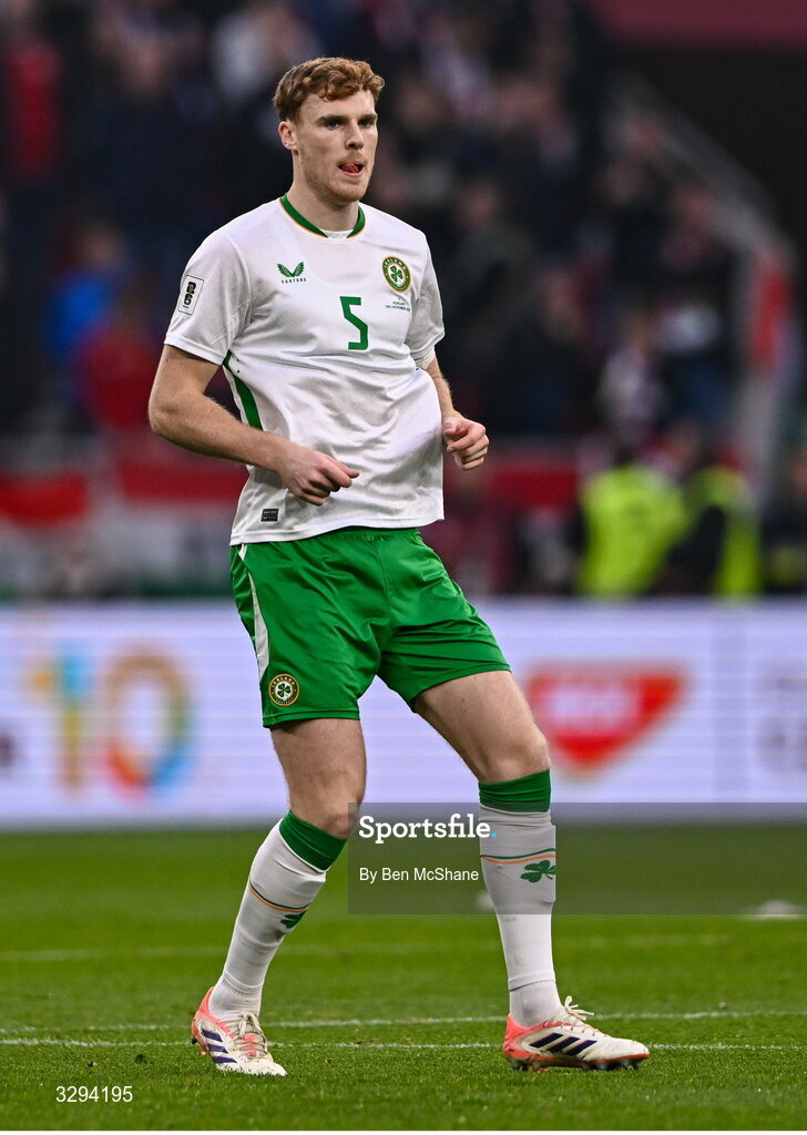 16 November 2025; Jake O'Brien of Republic of Ireland during the FIFA World Cup 2026 Group F Qualifier match between Hungary and Republic of Ireland at Puskás Aréna in Budapest, Hungary. Photo by Ben McShane/Sportsfile