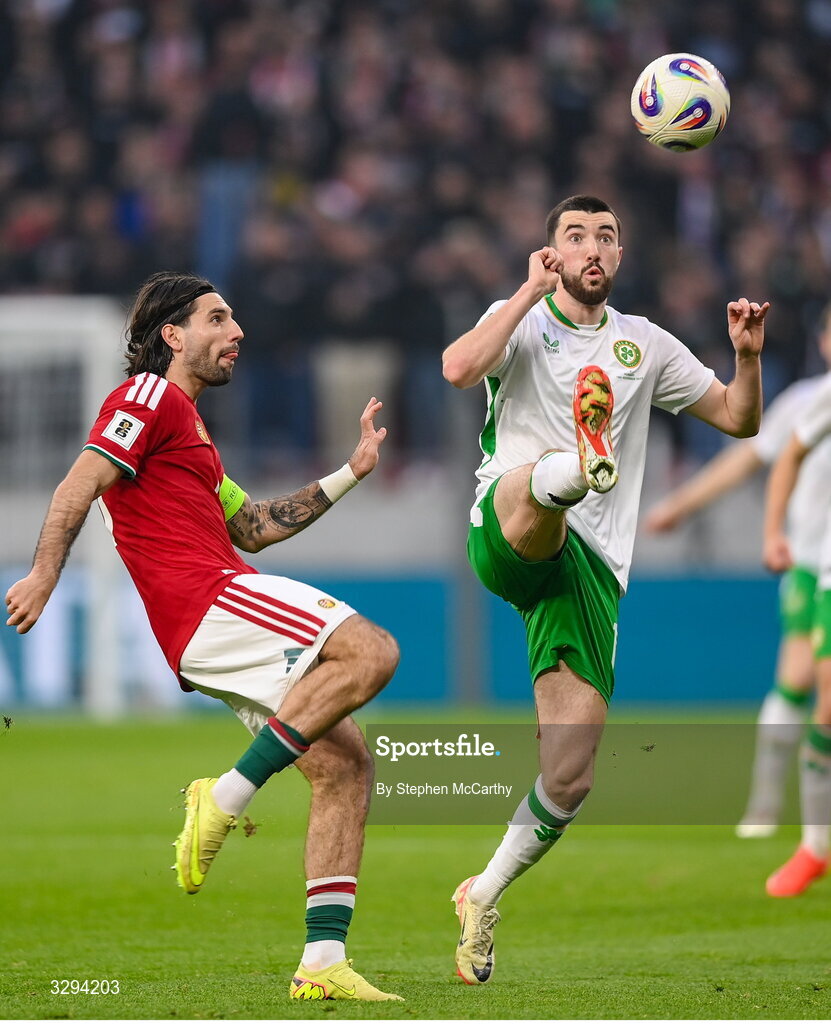 16 November 2025; Dominik Szoboszlai of Hungary in action against Finn Azaz of Republic of Ireland during the FIFA World Cup 2026 Group F Qualifier match between Hungary and Republic of Ireland at Puskás Aréna in Budapest, Hungary. Photo by Stephen McCarthy/Sportsfile