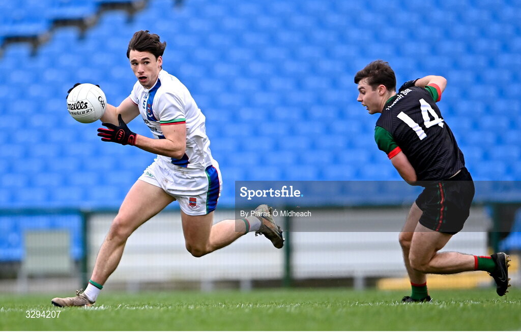 16 November 2025; Sam Callinan of Ballina Stephenites in action against Bobby Nugent of St Brigid's during the AIB Connacht GAA Football Senior Club Championship semi-final match between St Brigid's and Ballina Stephenites at King & Moffatt Dr Hyde Park in Roscommon. Photo by Piaras Ó Mídheach/Sportsfile