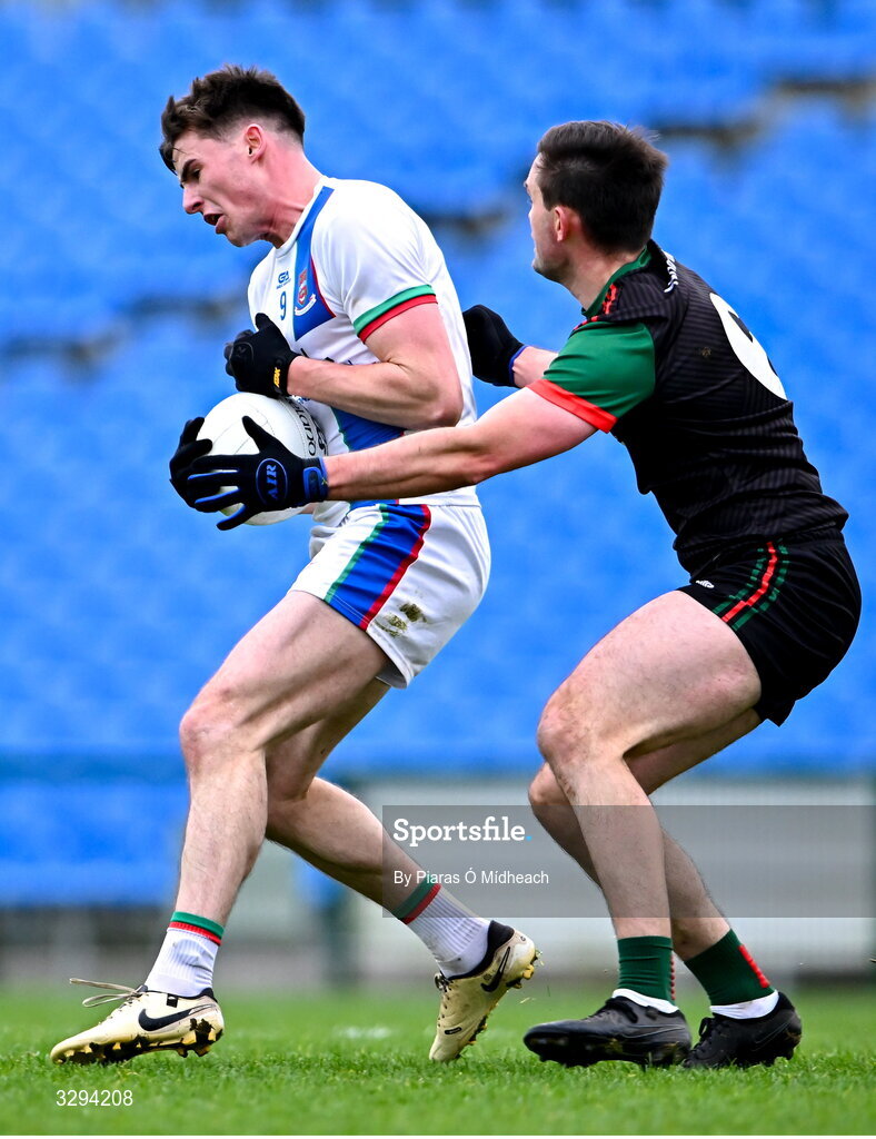 16 November 2025; Frank Irwin of Ballina Stephenites in action against Brian Stack of St Brigid's during the AIB Connacht GAA Football Senior Club Championship semi-final match between St Brigid's and Ballina Stephenites at King & Moffatt Dr Hyde Park in Roscommon. Photo by Piaras Ó Mídheach/Sportsfile