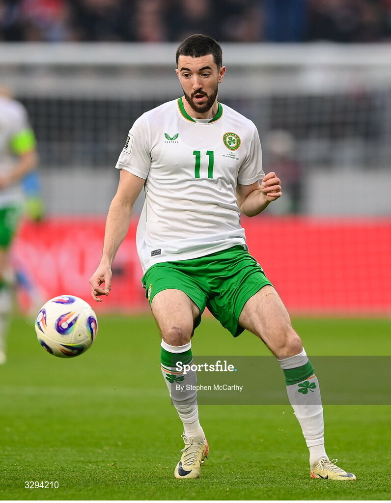 16 November 2025; Finn Azaz of Republic of Ireland during the FIFA World Cup 2026 Group F Qualifier match between Hungary and Republic of Ireland at Puskás Aréna in Budapest, Hungary. Photo by Stephen McCarthy/Sportsfile