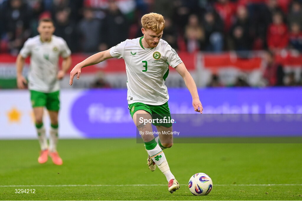 16 November 2025; Liam Scales of Republic of Ireland during the FIFA World Cup 2026 Group F Qualifier match between Hungary and Republic of Ireland at Puskás Aréna in Budapest, Hungary. Photo by Stephen McCarthy/Sportsfile