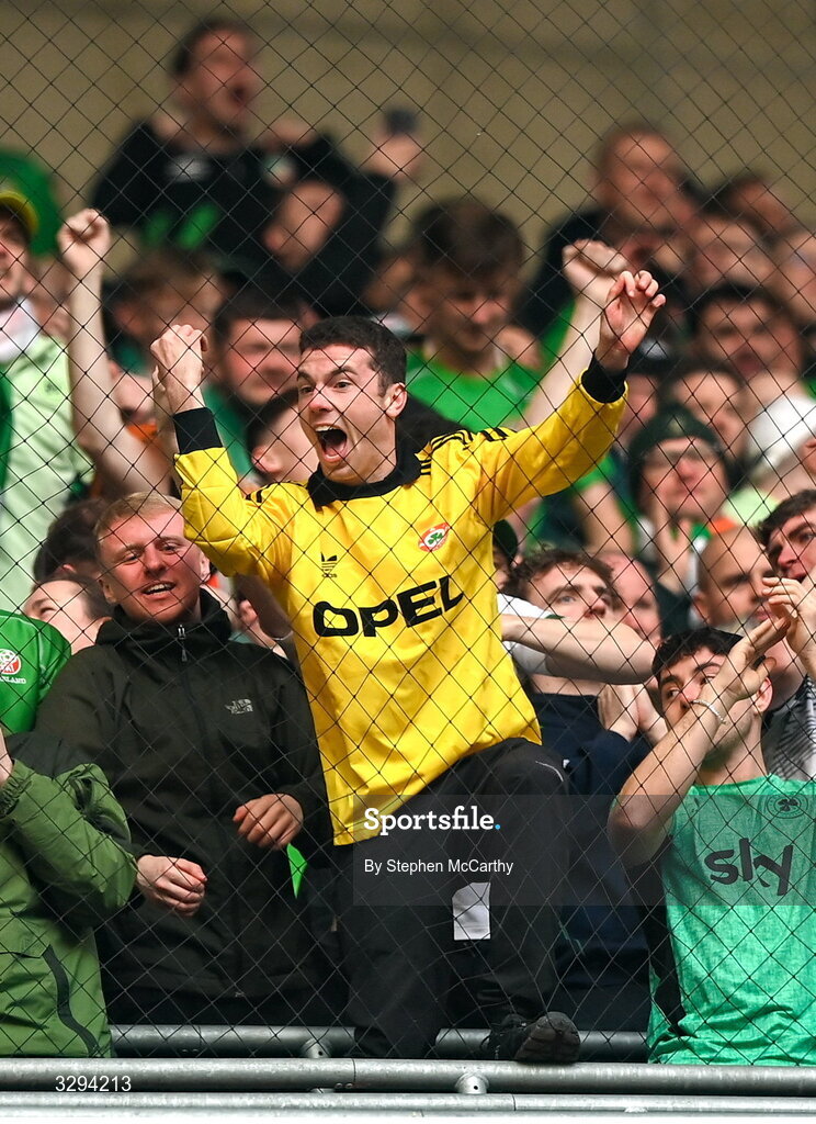 16 November 2025; Republic of Ireland supporters celebrate their side's first goal during the FIFA World Cup 2026 Group F Qualifier match between Hungary and Republic of Ireland at Puskás Aréna in Budapest, Hungary. Photo by Stephen McCarthy/Sportsfile