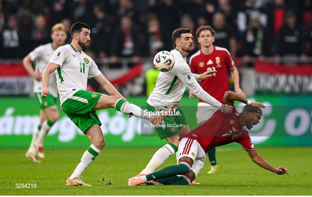 16 November 2025; Finn Azaz, left, and Troy Parrott of Republic of Ireland in action against Loïc Négo of Hungary during the FIFA World Cup 2026 Group F Qualifier match between Hungary and Republic of Ireland at Puskás Aréna in Budapest, Hungary. Photo by Stephen McCarthy/Sportsfile