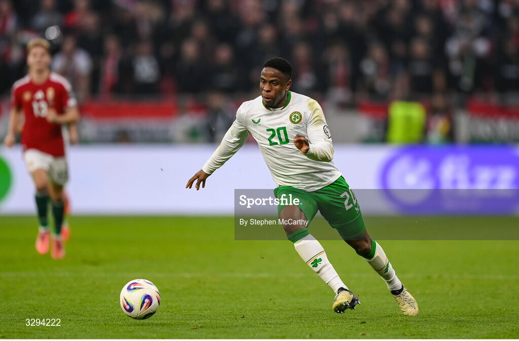 16 November 2025; Chiedozie Ogbene of Republic of Ireland during the FIFA World Cup 2026 Group F Qualifier match between Hungary and Republic of Ireland at Puskás Aréna in Budapest, Hungary. Photo by Stephen McCarthy/Sportsfile