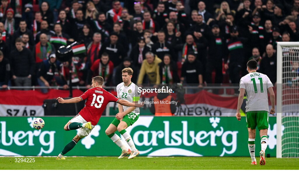 16 November 2025; Barnabás Varga of Hungary shoots to score his side's second goal during the FIFA World Cup 2026 Group F Qualifier match between Hungary and Republic of Ireland at Puskás Aréna in Budapest, Hungary. Photo by Stephen McCarthy/Sportsfile