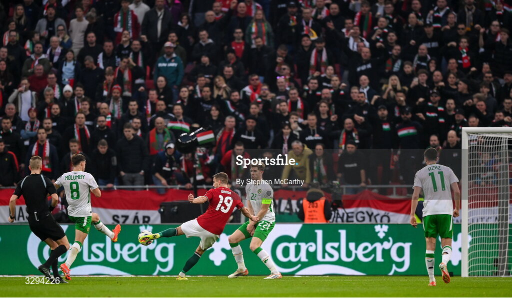16 November 2025; Barnabás Varga of Hungary shoots to score his side's second goal during the FIFA World Cup 2026 Group F Qualifier match between Hungary and Republic of Ireland at Puskás Aréna in Budapest, Hungary. Photo by Stephen McCarthy/Sportsfile