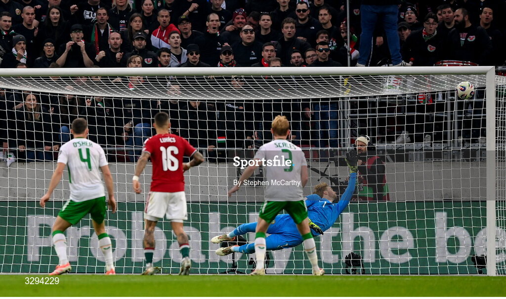 16 November 2025; Republic of Ireland goalkeeper Caoimhin Kelleher concedes his side's second goal from Barnabás Varga of Hungary during the FIFA World Cup 2026 Group F Qualifier match between Hungary and Republic of Ireland at Puskás Aréna in Budapest, Hungary. Photo by Stephen McCarthy/Sportsfile