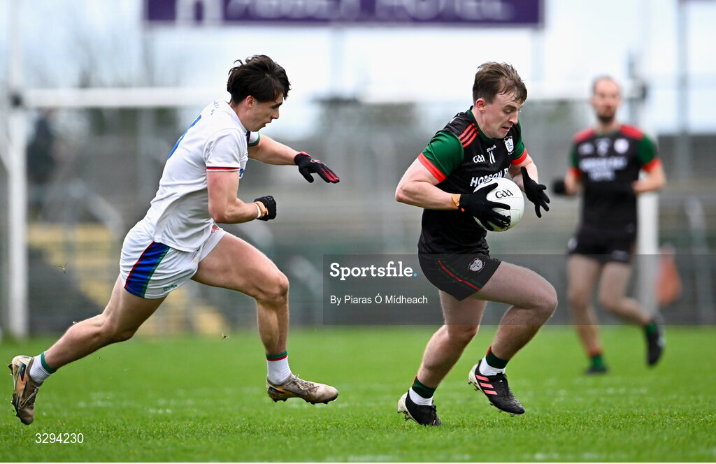 16 November 2025; Ciarán Sugrue of St Brigid's in action against Sam Callinan of Ballina Stephenites during the AIB Connacht GAA Football Senior Club Championship semi-final match between St Brigid's and Ballina Stephenites at King & Moffatt Dr Hyde Park in Roscommon. Photo by Piaras Ó Mídheach/Sportsfile