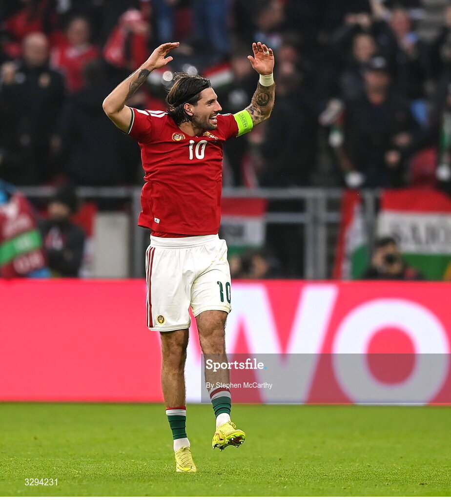 16 November 2025; Dominik Szoboszlai of Hungary celebrates his side's second goal, scored by Barnabás Varga, during the FIFA World Cup 2026 Group F Qualifier match between Hungary and Republic of Ireland at Puskás Aréna in Budapest, Hungary. Photo by Stephen McCarthy/Sportsfile