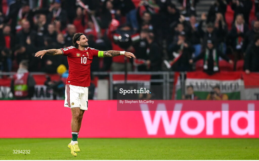 16 November 2025; Dominik Szoboszlai of Hungary celebrates his side's second goal, scored by Barnabás Varga, during the FIFA World Cup 2026 Group F Qualifier match between Hungary and Republic of Ireland at Puskás Aréna in Budapest, Hungary. Photo by Stephen McCarthy/Sportsfile