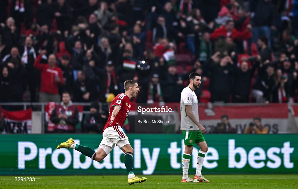 16 November 2025; Barnabás Varga of Hungary celebrates after scoring his side's second goal during the FIFA World Cup 2026 Group F Qualifier match between Hungary and Republic of Ireland at Puskás Aréna in Budapest, Hungary. Photo by Ben McShane/Sportsfile