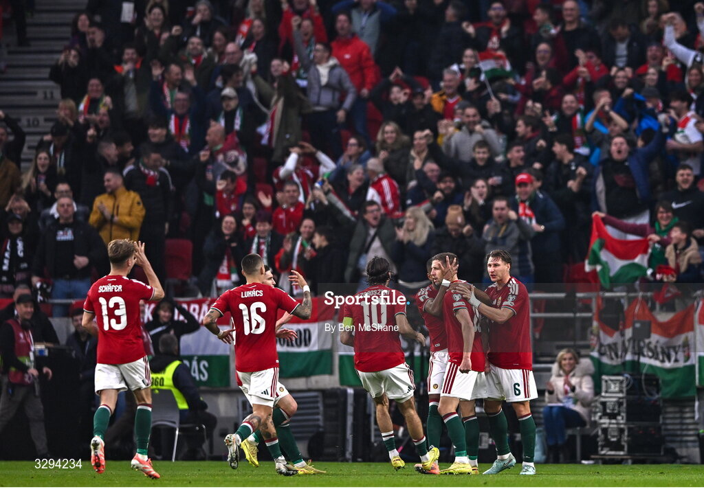 16 November 2025; Barnabás Varga of Hungary celebrates with teammates after scoring their side's second goal during the FIFA World Cup 2026 Group F Qualifier match between Hungary and Republic of Ireland at Puskás Aréna in Budapest, Hungary. Photo by Ben McShane/Sportsfile