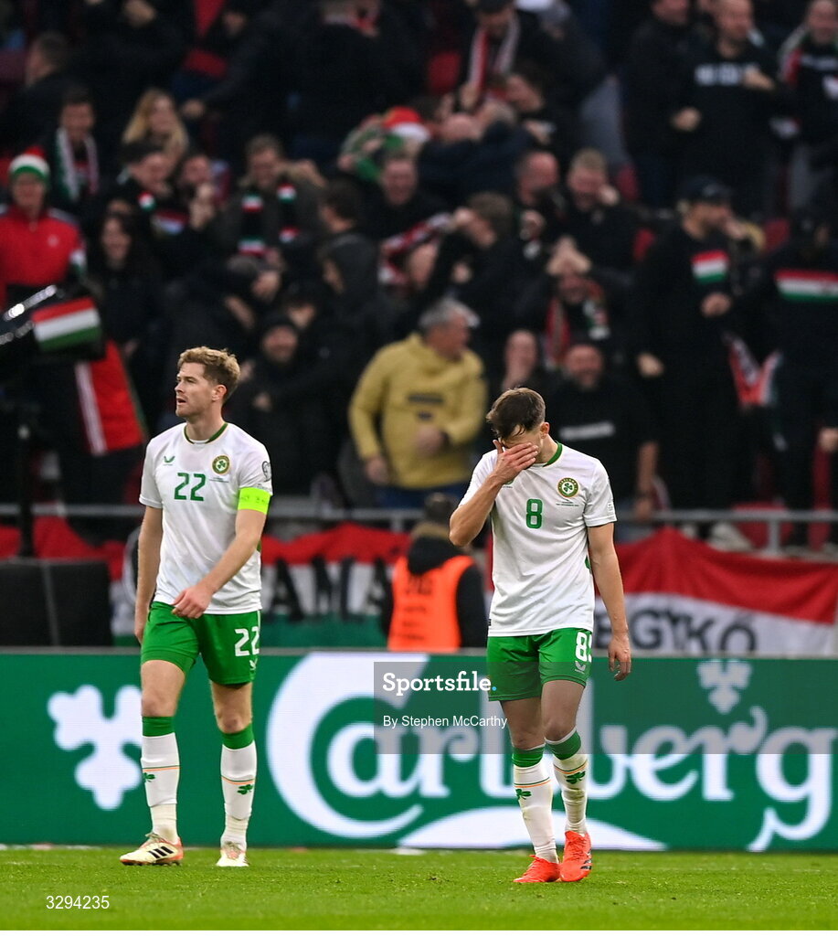 16 November 2025; Jayson Molumby, right, and Nathan Collins of Republic of Ireland dejected after conceding their side's second goal during the FIFA World Cup 2026 Group F Qualifier match between Hungary and Republic of Ireland at Puskás Aréna in Budapest, Hungary. Photo by Stephen McCarthy/Sportsfile
