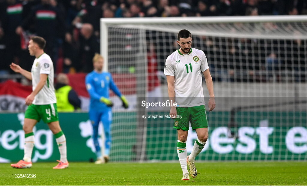16 November 2025; Finn Azaz of Republic of Ireland after conceding his side's second goal during the FIFA World Cup 2026 Group F Qualifier match between Hungary and Republic of Ireland at Puskás Aréna in Budapest, Hungary. Photo by Stephen McCarthy/Sportsfile