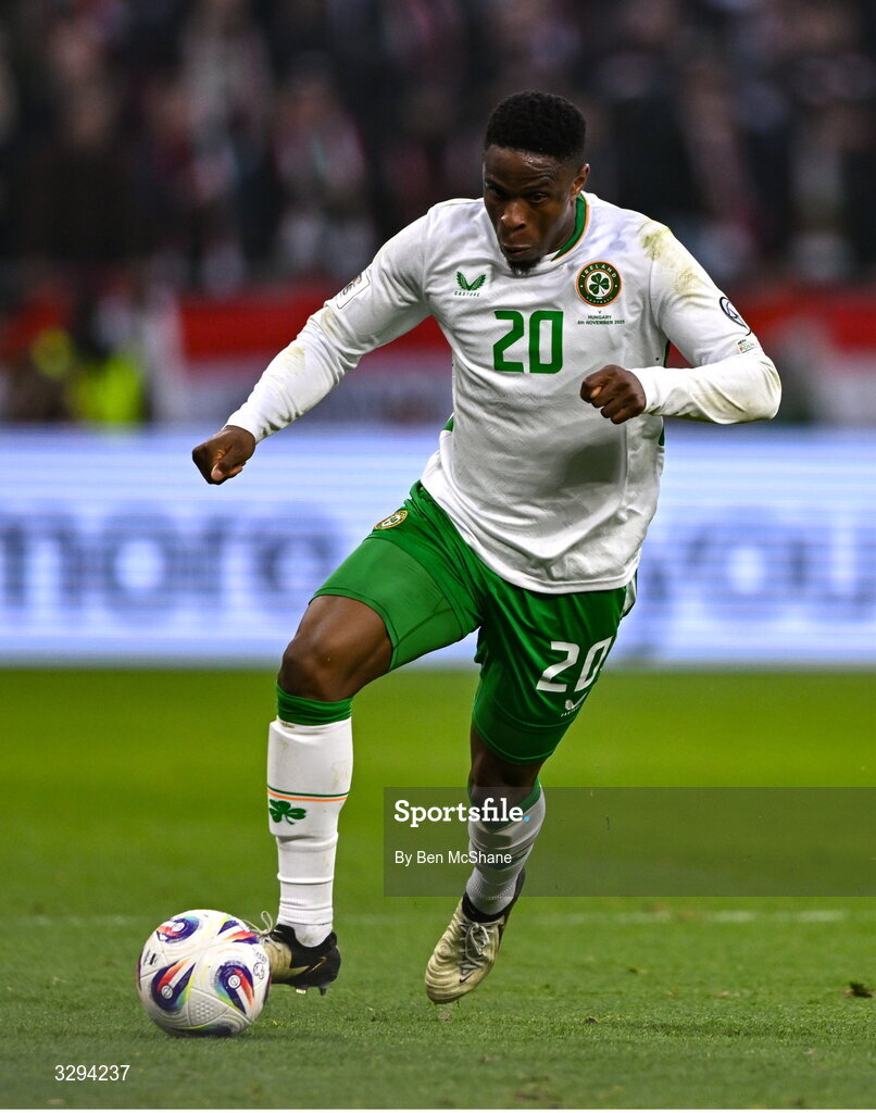16 November 2025; Chiedozie Ogbene of Republic of Ireland during the FIFA World Cup 2026 Group F Qualifier match between Hungary and Republic of Ireland at Puskás Aréna in Budapest, Hungary. Photo by Ben McShane/Sportsfile