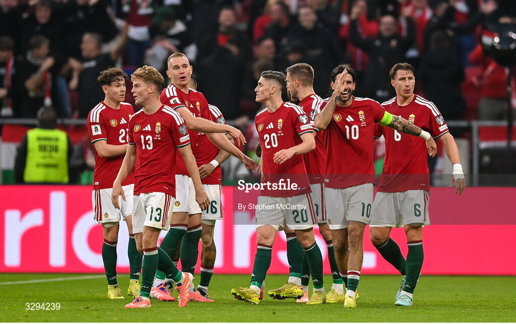 16 November 2025; Hungary players celebrate their side's second goal, scored by Barnabás Varga, during the FIFA World Cup 2026 Group F Qualifier match between Hungary and Republic of Ireland at Puskás Aréna in Budapest, Hungary. Photo by Stephen McCarthy/Sportsfile