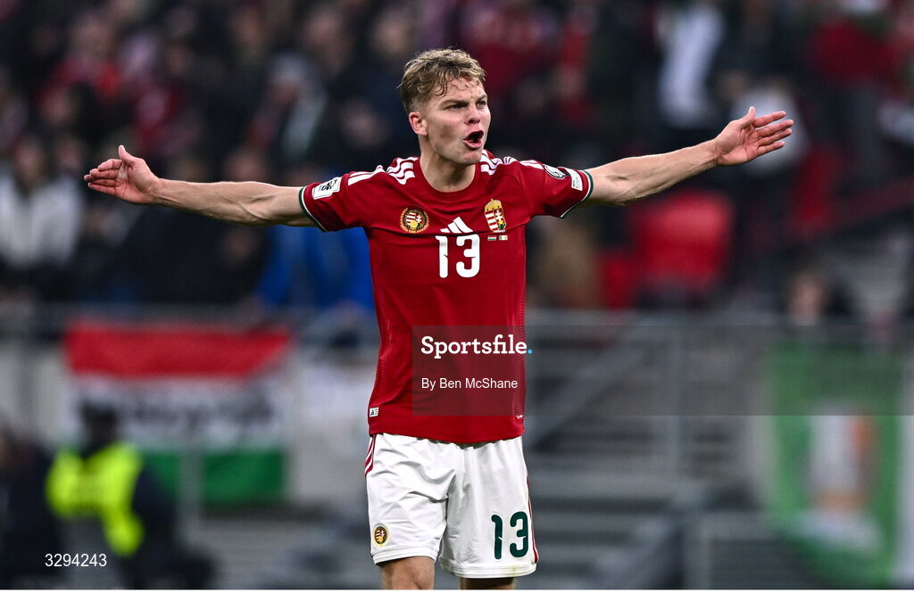 16 November 2025; András Schäfer of Hungary celebrates his side's second goal, scored by Barnabás Varga, during the FIFA World Cup 2026 Group F Qualifier match between Hungary and Republic of Ireland at Puskás Aréna in Budapest, Hungary. Photo by Ben McShane/Sportsfile