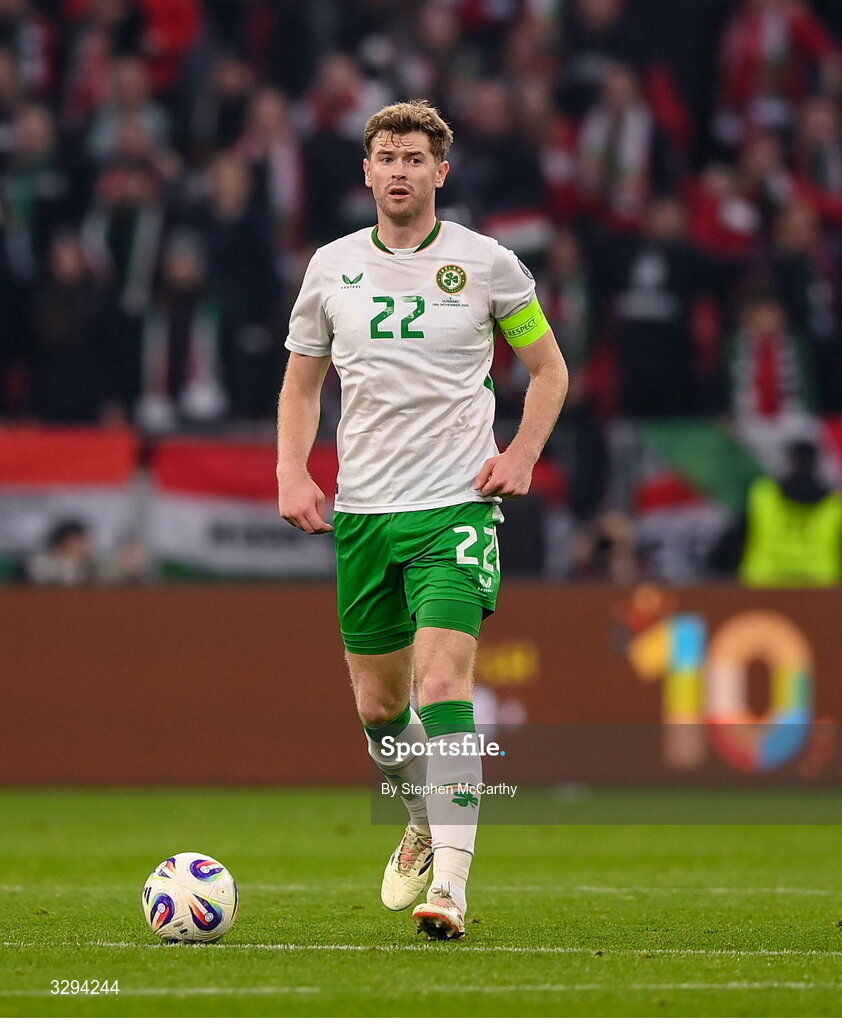16 November 2025; Nathan Collins of Republic of Ireland during the FIFA World Cup 2026 Group F Qualifier match between Hungary and Republic of Ireland at Puskás Aréna in Budapest, Hungary. Photo by Stephen McCarthy/Sportsfile