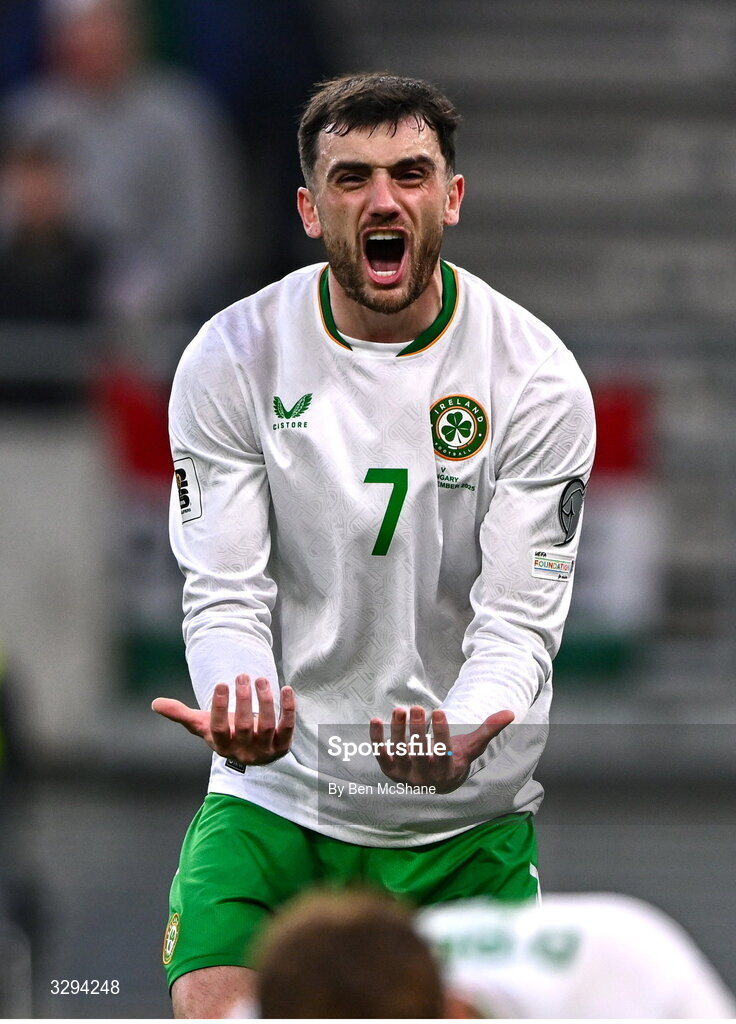 16 November 2025; Troy Parrott of Republic of Ireland reacts during the FIFA World Cup 2026 Group F Qualifier match between Hungary and Republic of Ireland at Puskás Aréna in Budapest, Hungary. Photo by Ben McShane/Sportsfile