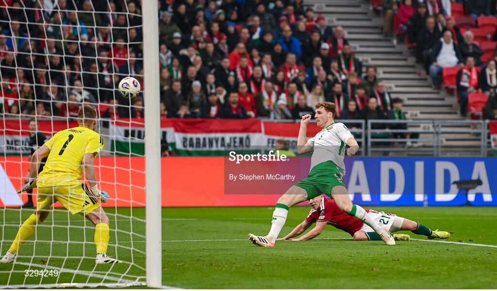 16 November 2025; Jake O'Brien of Republic of Ireland shoots wide of goal during the FIFA World Cup 2026 Group F Qualifier match between Hungary and Republic of Ireland at Puskás Aréna in Budapest, Hungary. Photo by Stephen McCarthy/Sportsfile