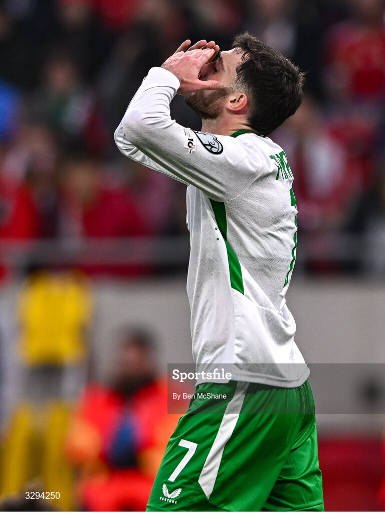 16 November 2025; Troy Parrott of Republic of Ireland reacts during the FIFA World Cup 2026 Group F Qualifier match between Hungary and Republic of Ireland at Puskás Aréna in Budapest, Hungary. Photo by Ben McShane/Sportsfile
