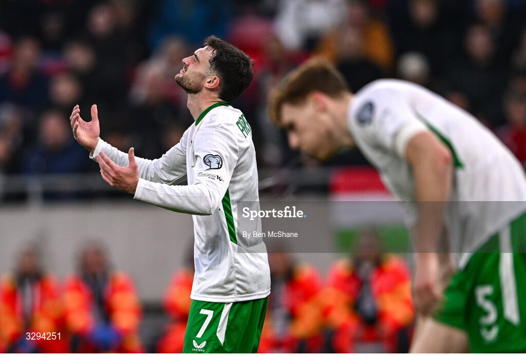 16 November 2025; Troy Parrott of Republic of Ireland reacts during the FIFA World Cup 2026 Group F Qualifier match between Hungary and Republic of Ireland at Puskás Aréna in Budapest, Hungary. Photo by Ben McShane/Sportsfile