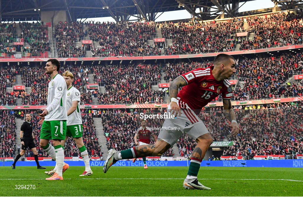 16 November 2025; Dániel Lukács of Hungary celebrates after scoring his side's first goal during the FIFA World Cup 2026 Group F Qualifier match between Hungary and Republic of Ireland at Puskás Aréna in Budapest, Hungary. Photo by Stephen McCarthy/Sportsfile
