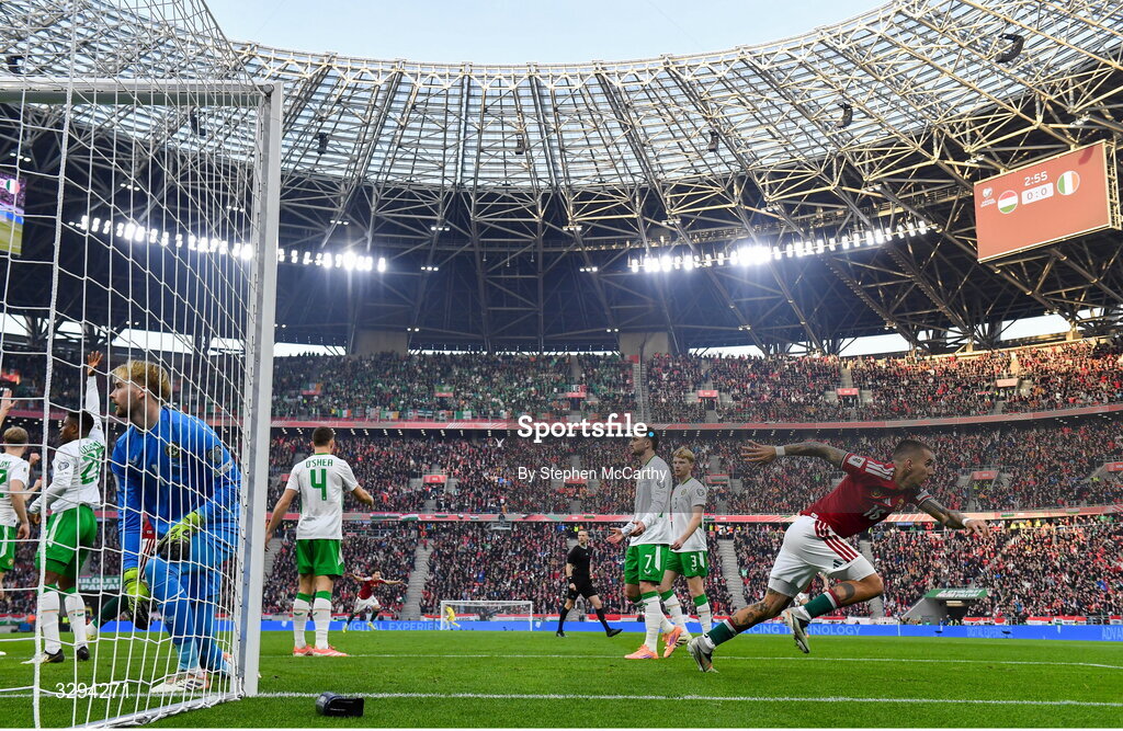 16 November 2025; Dániel Lukács of Hungary celebrates after scoring his side's first goal during the FIFA World Cup 2026 Group F Qualifier match between Hungary and Republic of Ireland at Puskás Aréna in Budapest, Hungary. Photo by Stephen McCarthy/Sportsfile