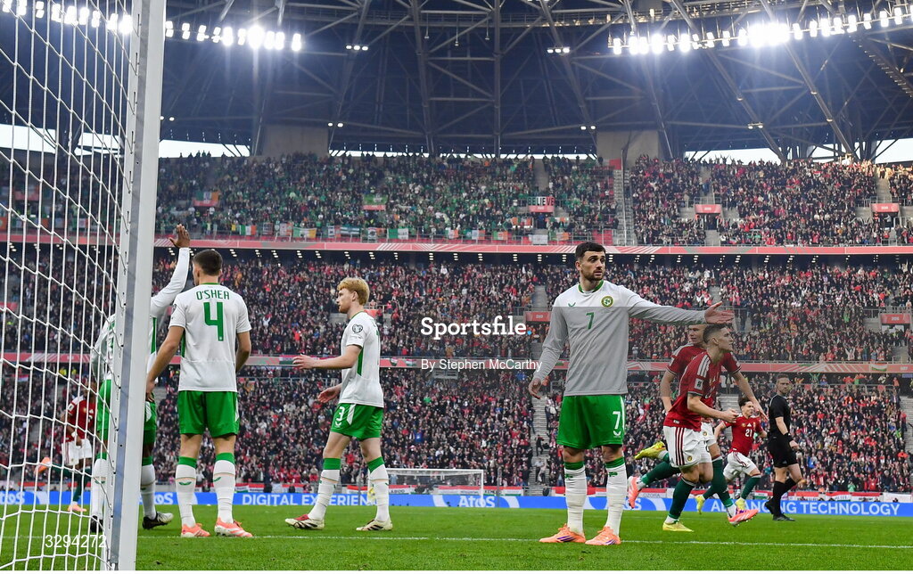 16 November 2025; Troy Parrott of Republic of Ireland reacts after his side conceded a first goal  scored by Dániel Lukács, during the FIFA World Cup 2026 Group F Qualifier match between Hungary and Republic of Ireland at Puskás Aréna in Budapest, Hungary. Photo by Stephen McCarthy/Sportsfile