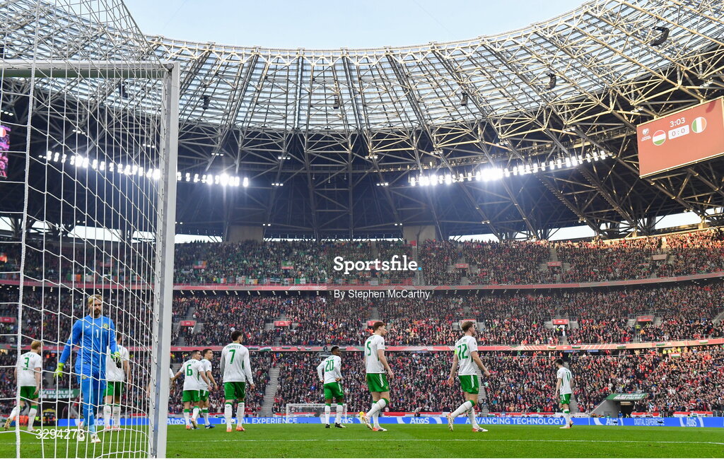 16 November 2025; Republic of Ireland players react after conceding a first goal, scored by Dániel Lukács, during the FIFA World Cup 2026 Group F Qualifier match between Hungary and Republic of Ireland at Puskás Aréna in Budapest, Hungary. Photo by Stephen McCarthy/Sportsfile