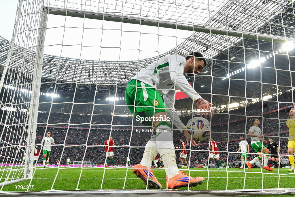 16 November 2025; Troy Parrott of Republic of Ireland recovers the ball after scoring his side's first goal, a penalty during the FIFA World Cup 2026 Group F Qualifier match between Hungary and Republic of Ireland at Puskás Aréna in Budapest, Hungary. Photo by Ben McShane/Sportsfile