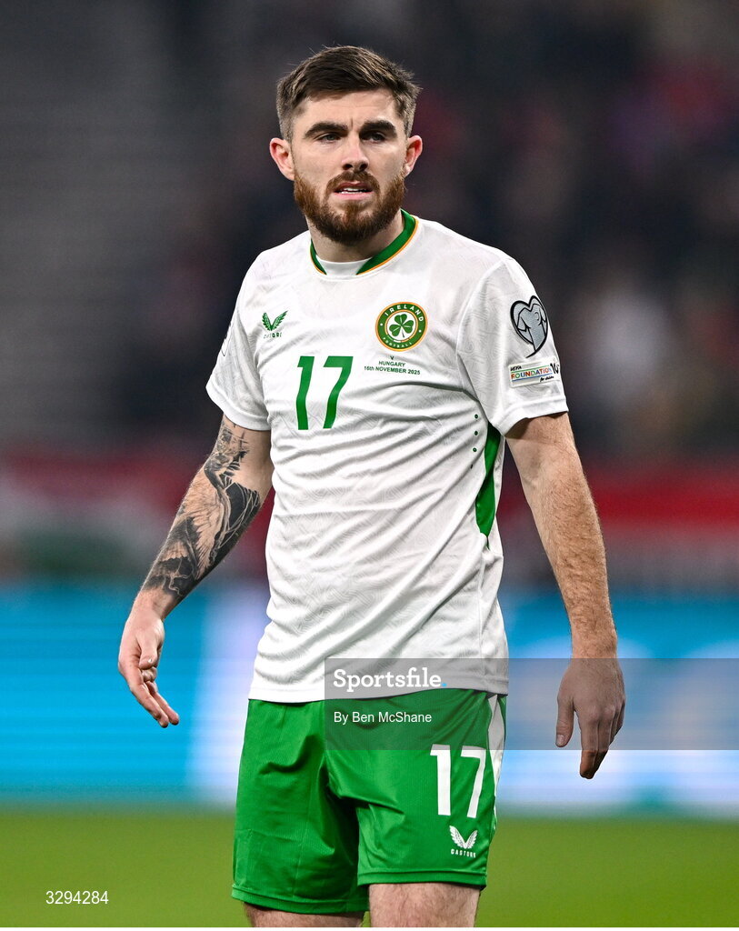 16 November 2025; Ryan Manning of Republic of Ireland during the FIFA World Cup 2026 Group F Qualifier match between Hungary and Republic of Ireland at Puskás Aréna in Budapest, Hungary. Photo by Ben McShane/Sportsfile