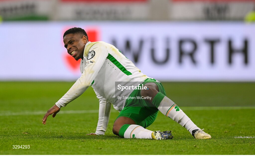 16 November 2025; Chiedozie Ogbene of Republic of Ireland reacts after picking up an injury during the FIFA World Cup 2026 Group F Qualifier match between Hungary and Republic of Ireland at Puskás Aréna in Budapest, Hungary. Photo by Stephen McCarthy/Sportsfile