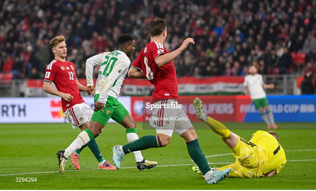 16 November 2025; Chiedozie Ogbene of Republic of Ireland reacts after picking up an injury during the FIFA World Cup 2026 Group F Qualifier match between Hungary and Republic of Ireland at Puskás Aréna in Budapest, Hungary. Photo by Stephen McCarthy/Sportsfile